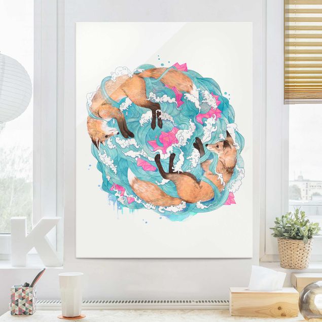 Glas magnettavla Illustration Foxes And Waves Painting