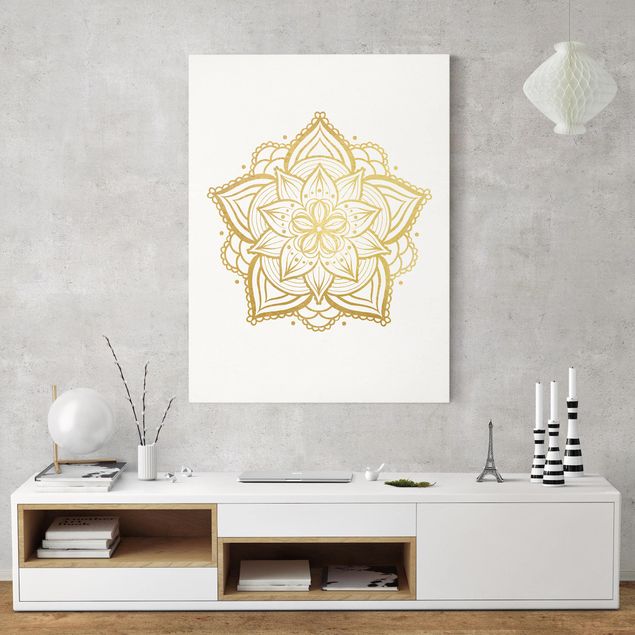 Billeder på lærred mønstre Mandala Flower Illustration White Gold