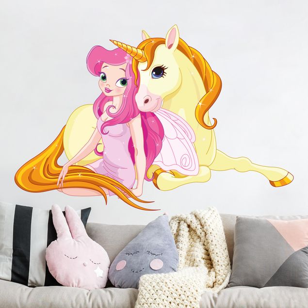 Wallstickers enhjørninger Fairy with her unicorn