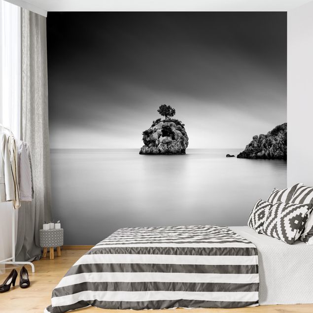 Tapet sort hvid Rocky Island In The Sea Black And White