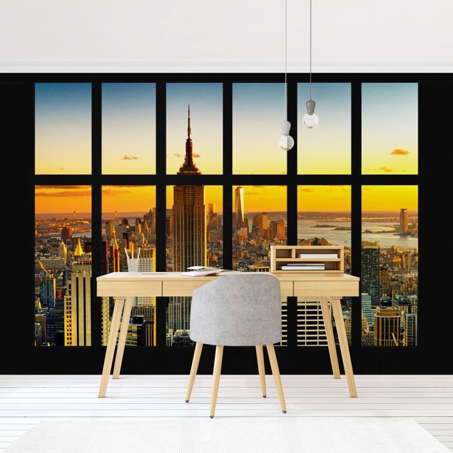 fototapet 3d Window View Manhattan Skyline Sunset