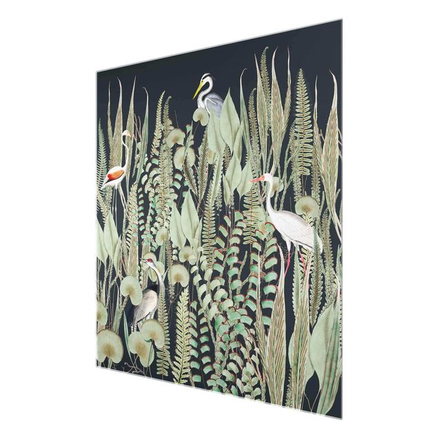Billeder Flamingo And Stork With Plants On Green