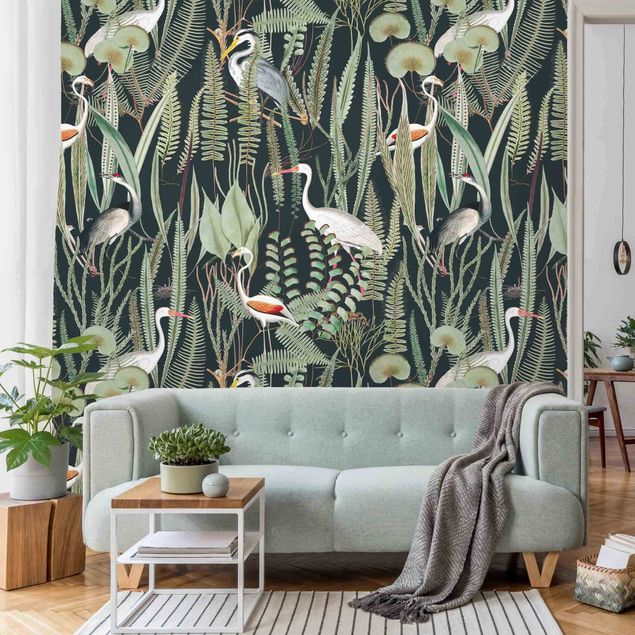 Tapet med flamingo Flamingos And Storks With Plants On Green