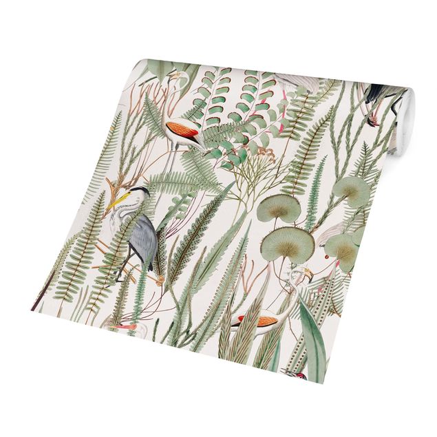 Tapet med mønster Flamingos And Storks With Plants