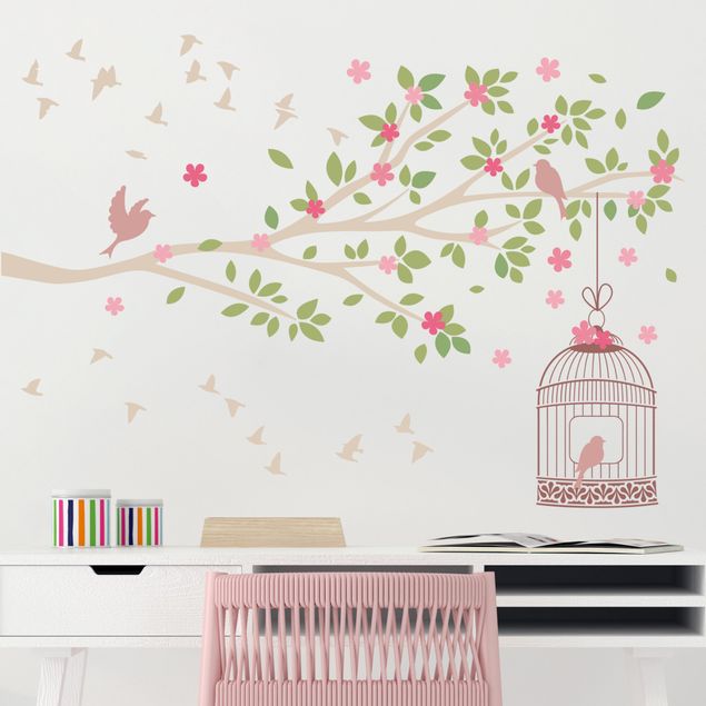 Wallstickers fugle Spring branch with birdcage