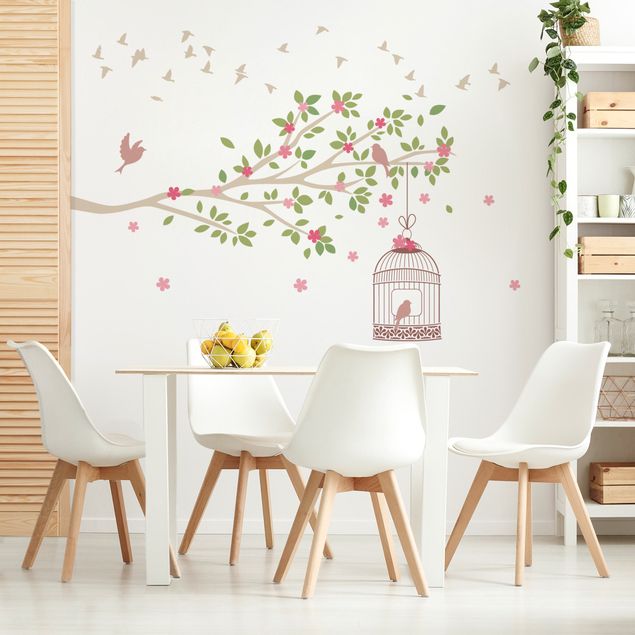Wallstickers Spring branch with birdcage