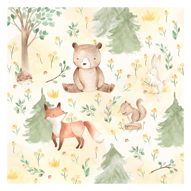 Tapet Fox and bear with flowers and trees
