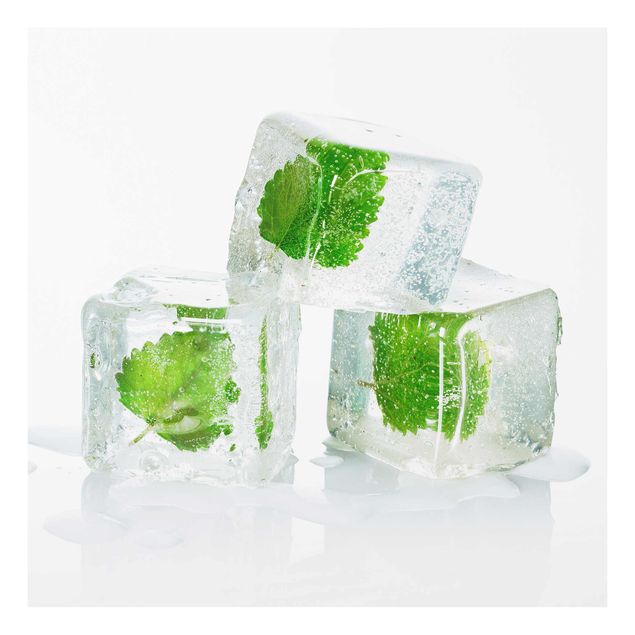 Glas magnettavla Three Ice Cubes With Lemon Balm