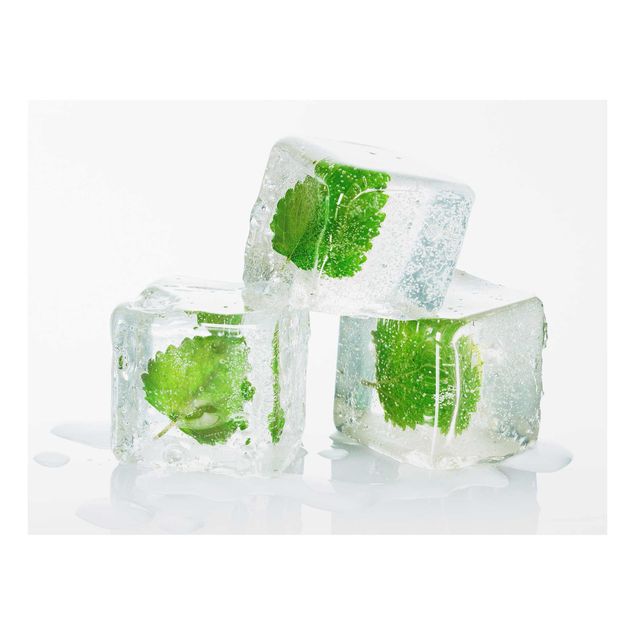 Glas magnettavla Three Ice Cubes With Lemon Balm