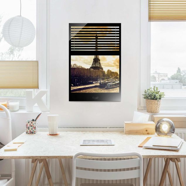 Glasbilleder Paris Window View Blinds - Paris Eiffel Tower sunset