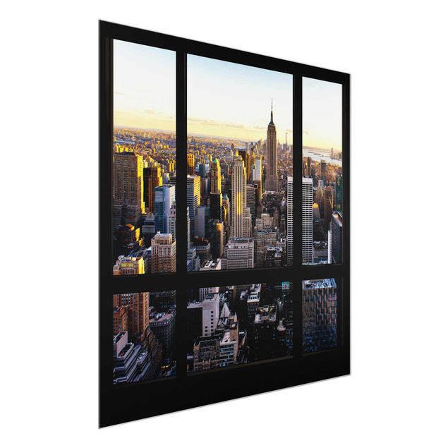 Glasbilleder arkitektur og skyline Window View At Night Over New York