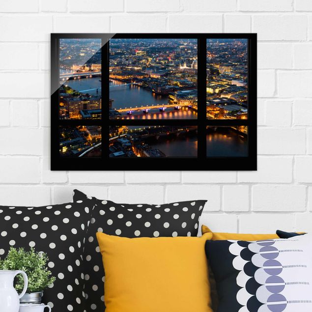 Glasbilleder London Window view of London's skyline with bridge