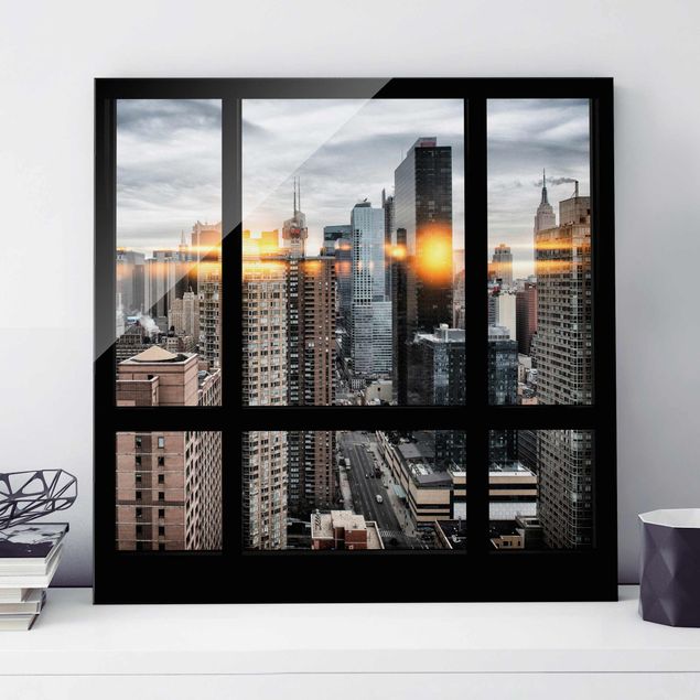 Glasbilleder New York Windows Overlooking New York With Sun Reflection