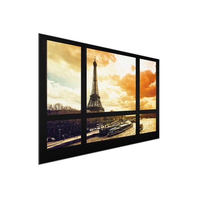 Glasbilleder solnedgange Window view - Paris Eiffel Tower sunset