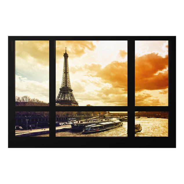 Glasbilleder arkitektur og skyline Window view - Paris Eiffel Tower sunset