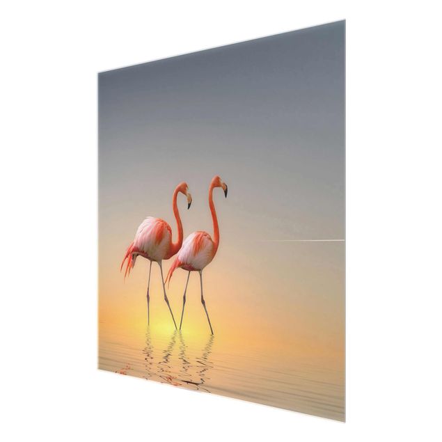Glasbilleder strande Flamingo Love