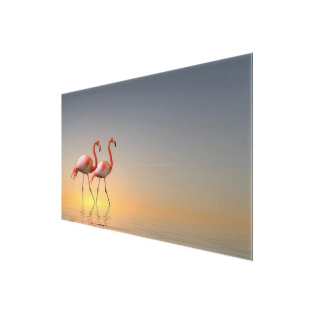 Glasbilleder strande Flamingo Love