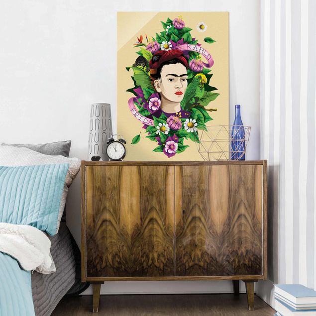 Glasbilleder blomster Frida Kahlo - Frida, Äffchen und Papagei