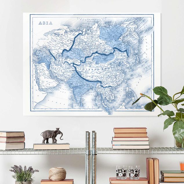 Glasbilleder verdenskort Map In Blue Tones - Asia