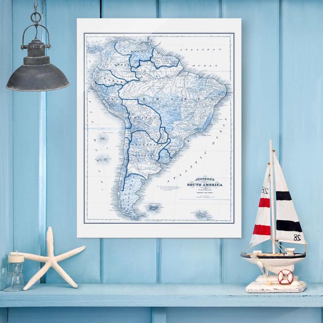 Glasbilleder verdenskort Map In Blue Tones - South America