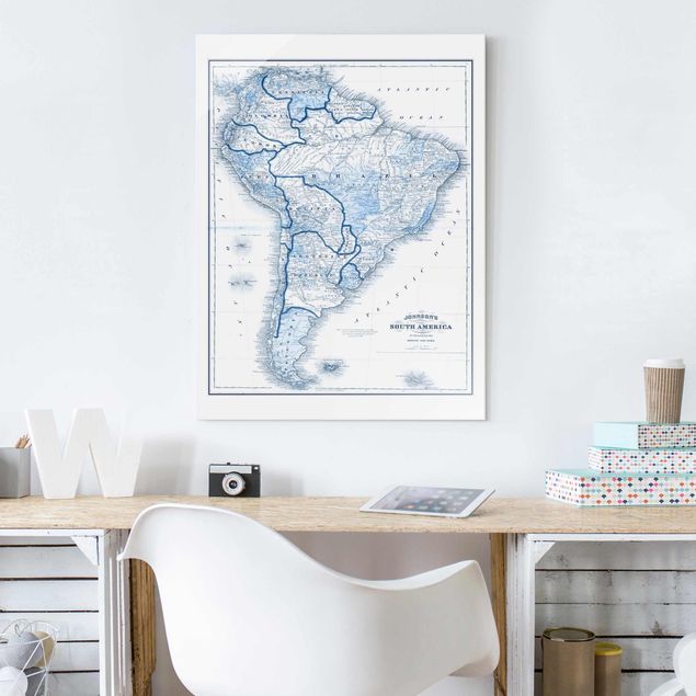 Billeder verdenskort Map In Blue Tones - South America