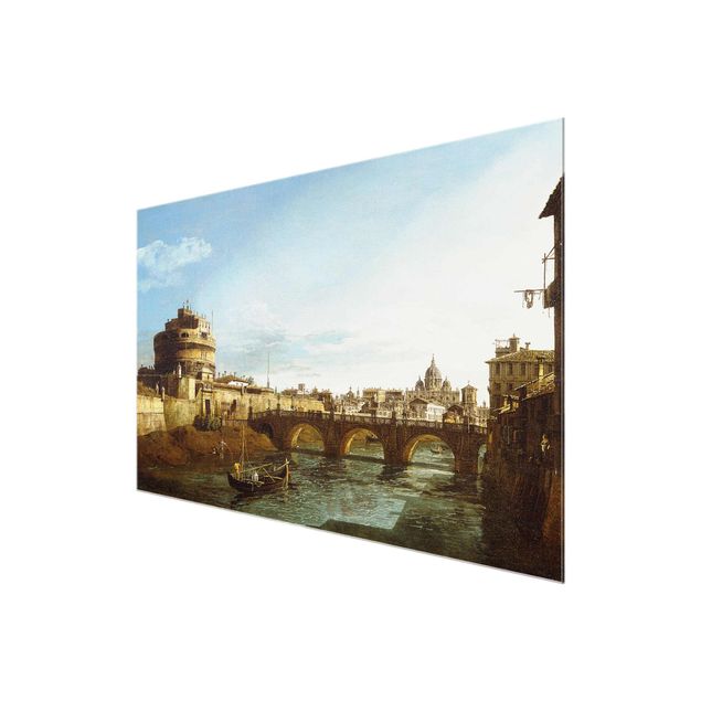 Glasbilleder arkitektur og skyline Bernardo Bellotto - View of Rome on the Banks of the Tiber