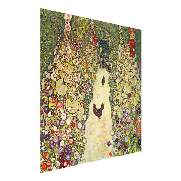Glasbilleder blomster Gustav Klimt - Garden Path with Hens
