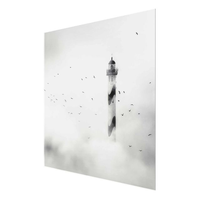 Glasbilleder sort og hvid Lighthouse In The Fog