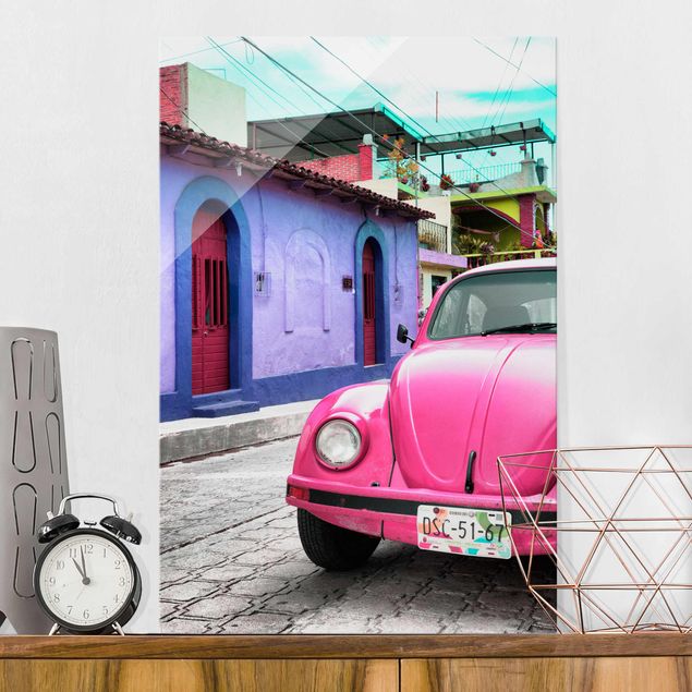 Glasbild - Pink VW Beetle - Hoch 2:3