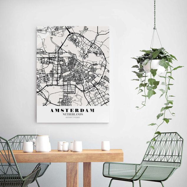 Glasbilleder sort og hvid Amsterdam City Map - Classic