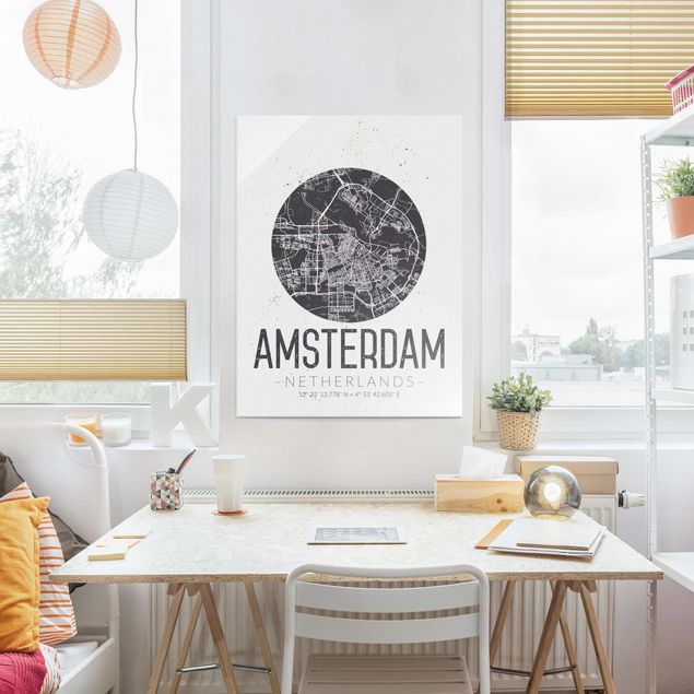 Glasbilleder sort og hvid Amsterdam City Map - Retro