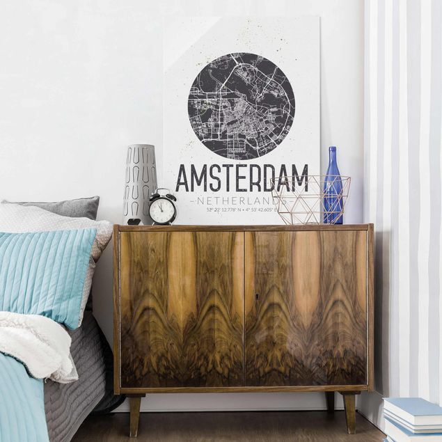Glasbilleder verdenskort Amsterdam City Map - Retro