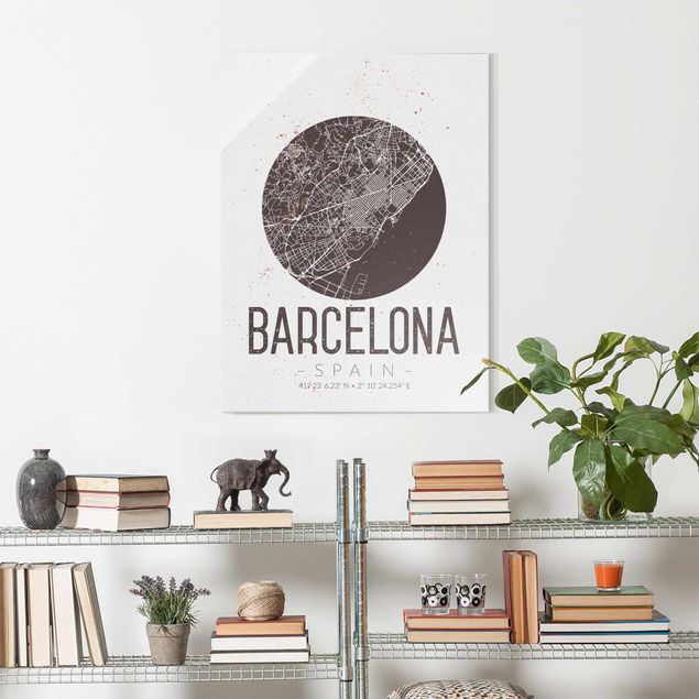 Glasbilleder sort og hvid Barcelona City Map - Retro