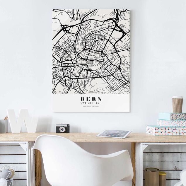 Glasbilleder sort og hvid Bern City Map - Classical