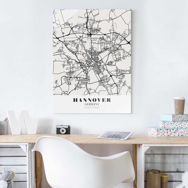 Glasbilleder sort og hvid Hannover City Map - Classic