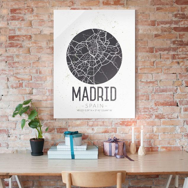 Glasbilleder sort og hvid Madrid City Map - Retro
