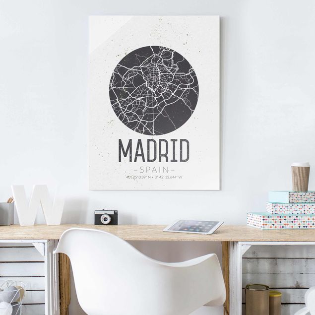 Glasbilleder verdenskort Madrid City Map - Retro