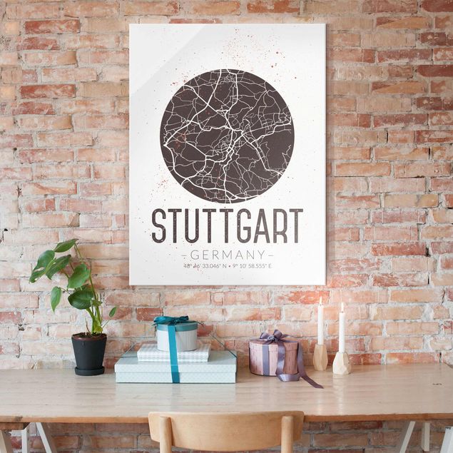 Glasbilleder sort og hvid Stuttgart City Map - Retro