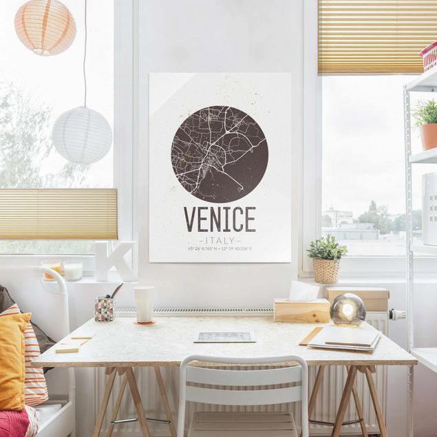 Glasbilleder verdenskort Venice City Map - Retro