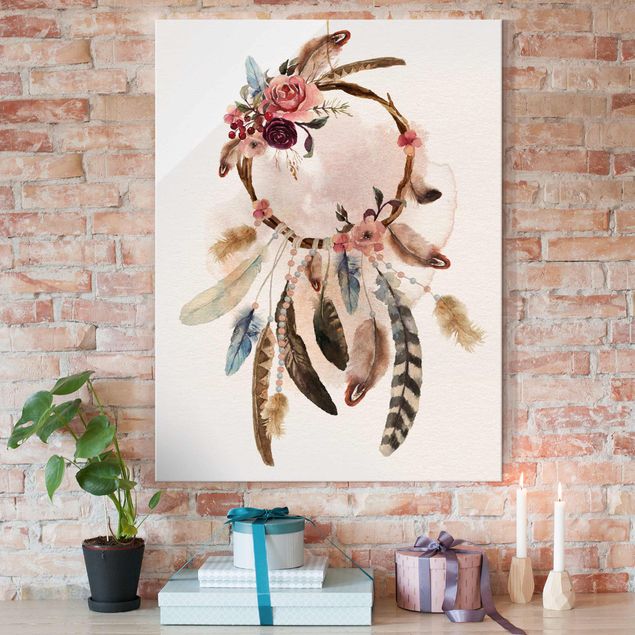 Glasbilleder roser Dream Catcher With Roses And Feathers