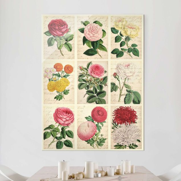 Glasbilleder roser Vintage Floral Collage