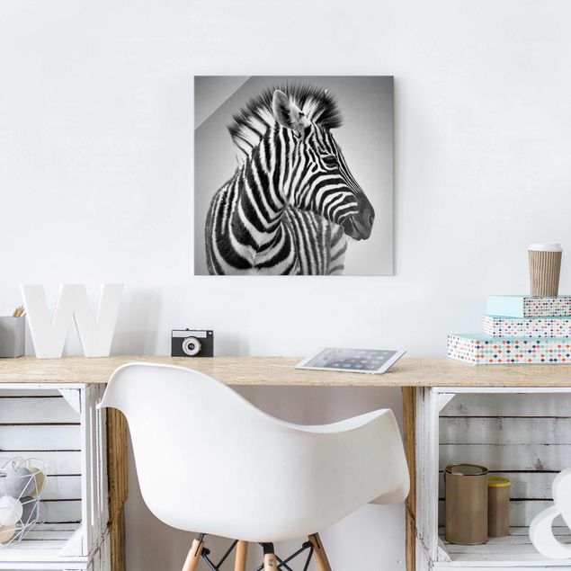 Glasbilleder sort og hvid Zebra Baby Portrait II