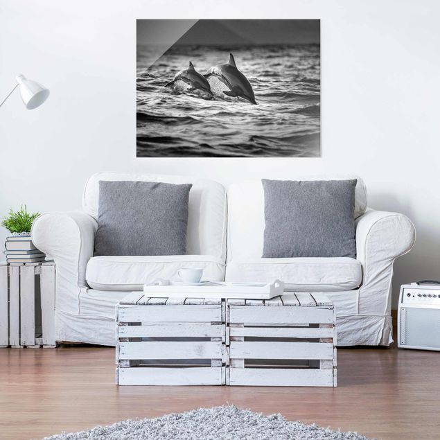 Glasbilleder sort og hvid Two Jumping Dolphins
