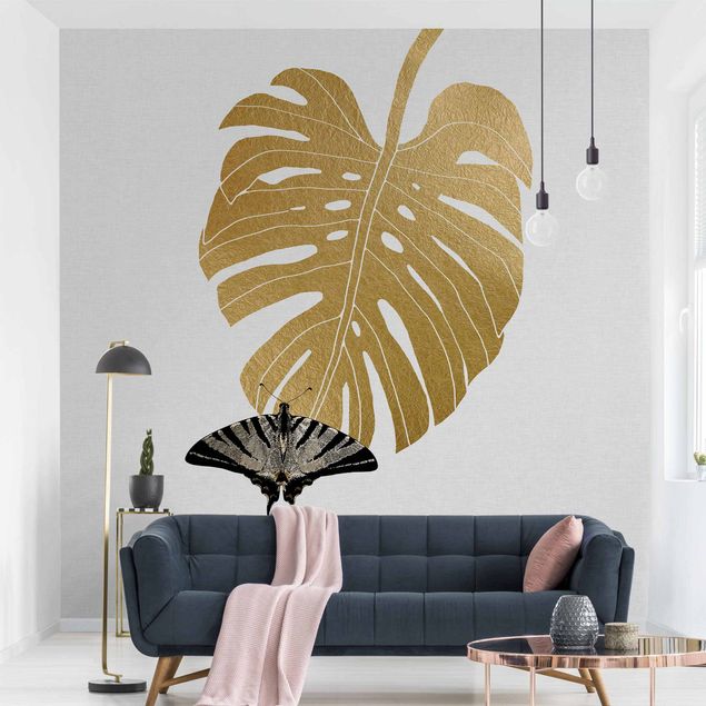 Tapet blomster Golden Monstera With Butterfly