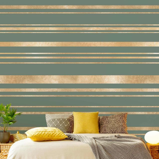 Mønstret tapeter Golden Stripes Green Backdrop