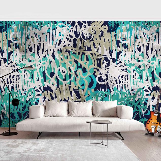 Moderne tapet Graffiti Art Tagged Wall Turquoise