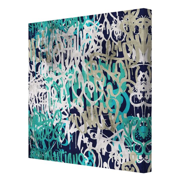 Billeder på lærred Graffiti Art Tagged Wall Turquoise