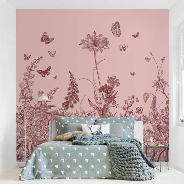 Tapet med sommerfugle Large Flowers With Butterflies On Pink