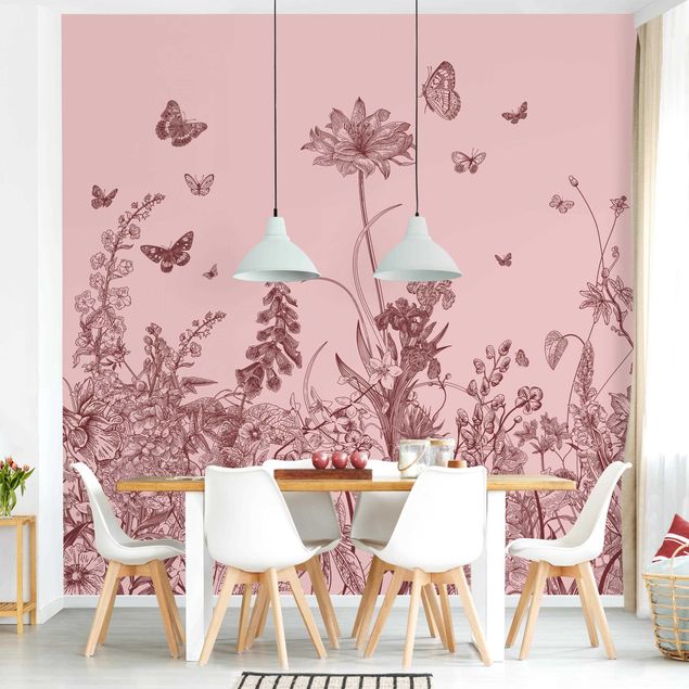 Moderne tapet Large Flowers With Butterflies On Pink