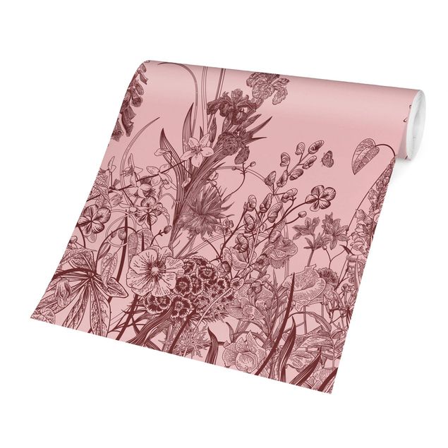 Tapet med dyr Large Flowers With Butterflies On Pink
